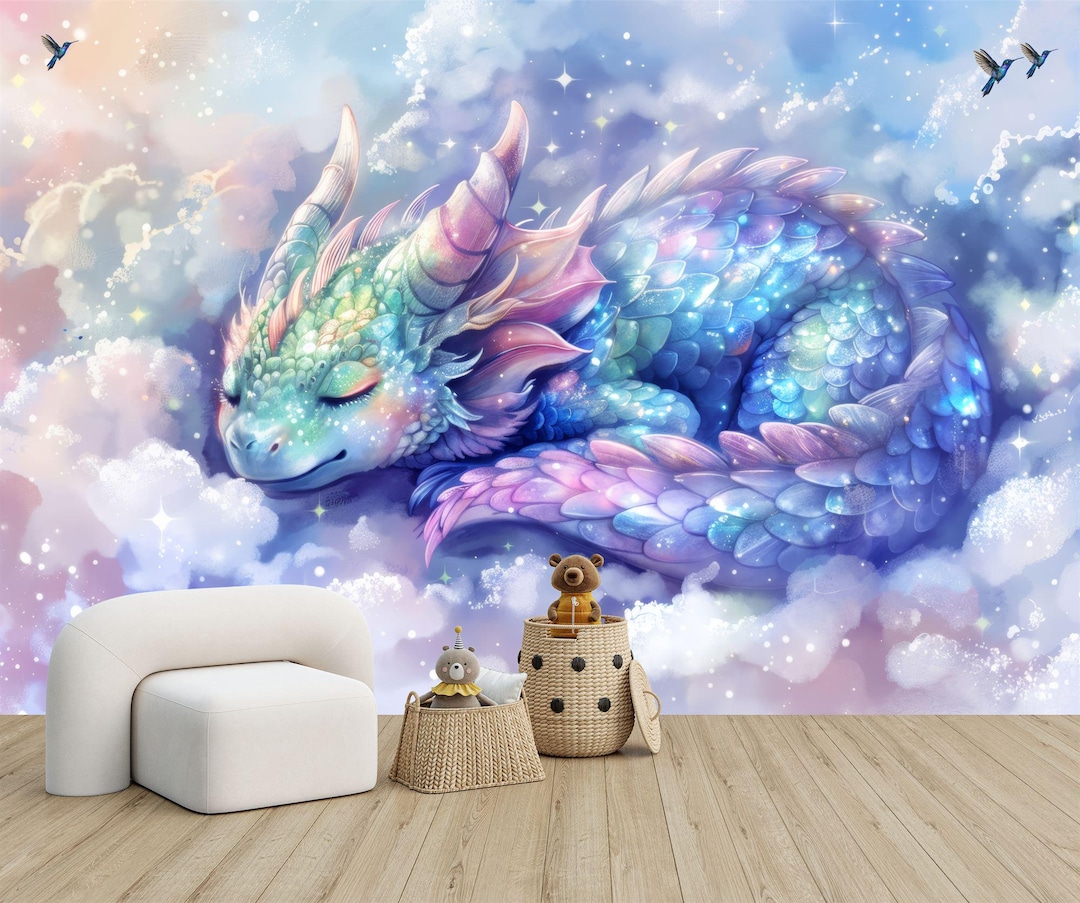 Watercolor Dragons Wallpaper Mural, Kids Nursery Decor, Peel and Stick ...