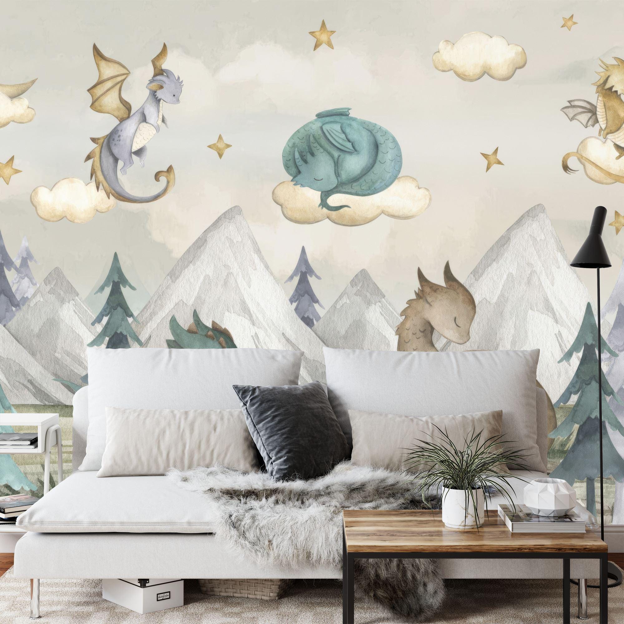 Watercolor Dragons Wallpaper Mural, Kids Nursery Decor, Peel and Stick ...