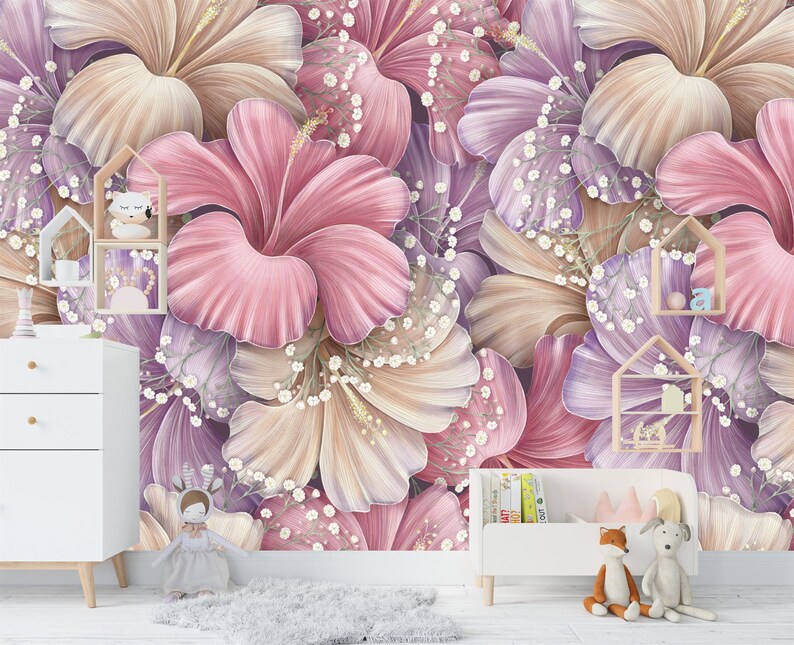 Hibiscus Floral Pattern Wallpaper Mural: Pink, Beige & Purple, Peel and ...