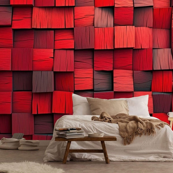 3D Abstract Red Blocks Stack Wood Cubes Gift, Art Print Photomural Wallpaper Mural Easy-Install Removeable Peel and Stick Large Wall Decal