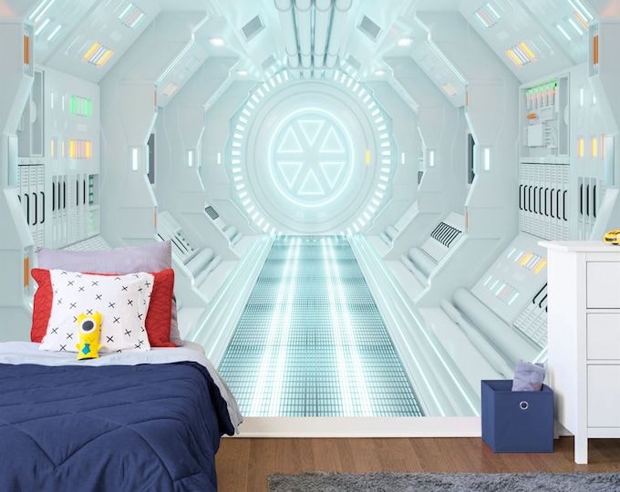 Spaceship Corridor 3D Kids Room Mural Gift, Art Print Photomural Wallpaper Mural Easy-Install Removeable Peel and Stick Large Wall Decal Art