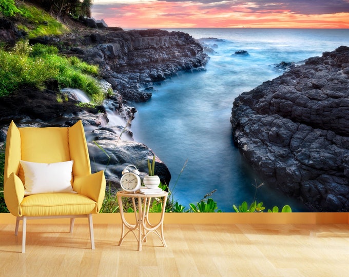 Northshore Sunset Near Queen Bath Kauai Hawaii Gift, Art Print Photomural Wallpaper Mural Easy-Install Removeable Peel and Stick Large Decal