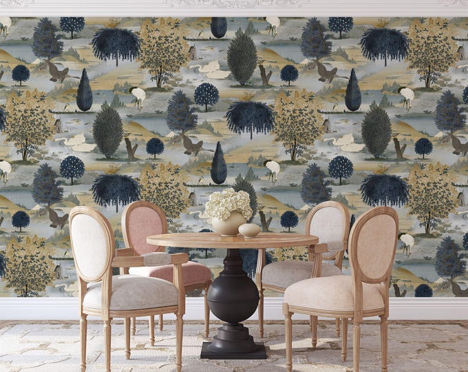 Blissful Swan Lake Trees and Branches Gift, Art Print Photomural Wallpaper Mural Easy-Install Removeable Peel and Stick Large Wall Decal Art