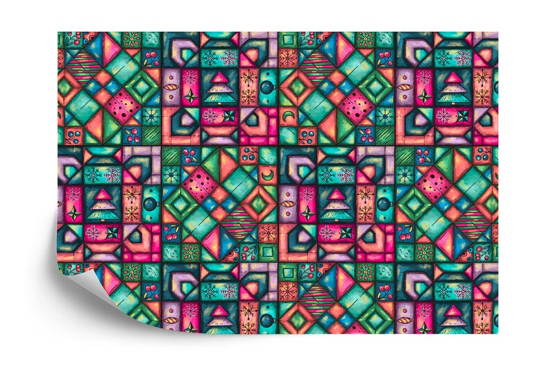 K&ouml;nnte beinhalten: Ein farbenfrohes, geometrisches Muster mit Quadraten, Rechtecken und Rauten in T&uuml;rkis, Rosa, Orange und Lila. Das Design umfasst Weihnachtsb&auml;ume, Schneeflocken und andere festliche Elemente und schafft eine lebendige, weihnachtliche &Auml;sthetik.