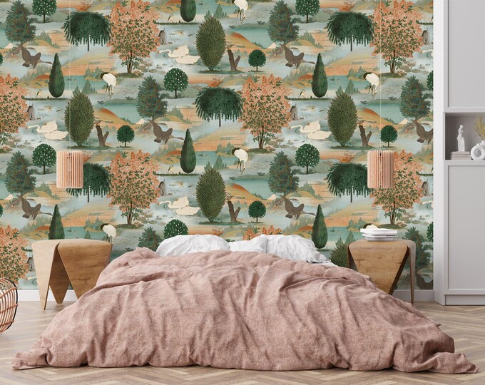 Blissful Swan Lake Trees and Branches Gift, Art Print Photomural Wallpaper Mural Easy-Install Removeable Peel and Stick Large Wall Decal Art