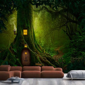 Gigantic Tree House Welcome Sign Forest Gift, Art Print Photomural Wallpaper Mural Easy-Install Removeable Peel and Stick Large Wall Decal