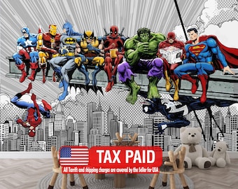 Vintage Comic Superhero Cityscape Wall Mural, Kids Room (Removable/Peel & Stick)