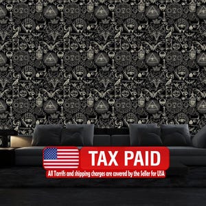 Alchemy Gothic Wallpaper Mural: Skulls, Bats, Moons Peel and Stick