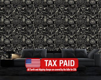 Alchemy Gothic Wallpaper Mural: Skulls, Bats, Moons Peel and Stick
