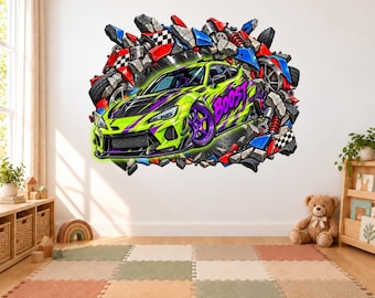 Boost Racing Supercar Sticker Wall Decal, Exploding Concrete Sports Car Sticker