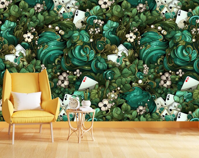 Tarot Cards and Flowers Green Pattern Gift, Art Print Photomural Wallpaper Mural Easy-Install Removeable Peel and Stick Large Wall Decal Art