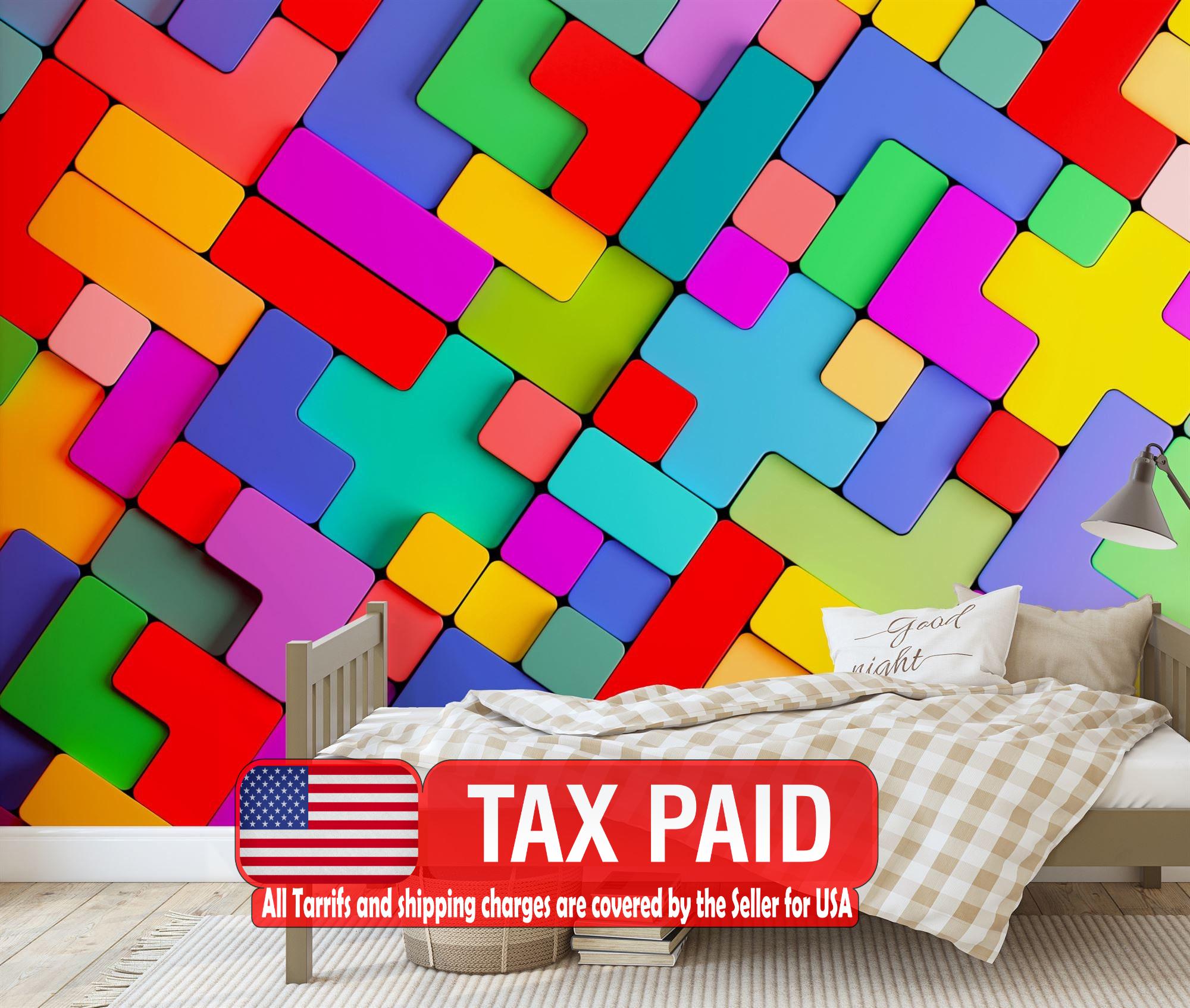 Colorful Bricks Wallpaper Mural, Geometric Kids Room Decor Peel and Stick