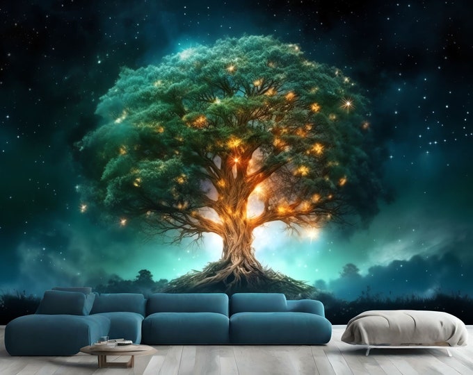 Fantasy Tree on Island Generative AI Gift, Art Print Photomural Wallpaper Mural Easy-Install Removeable Peel and Stick Large Wall Decal Art