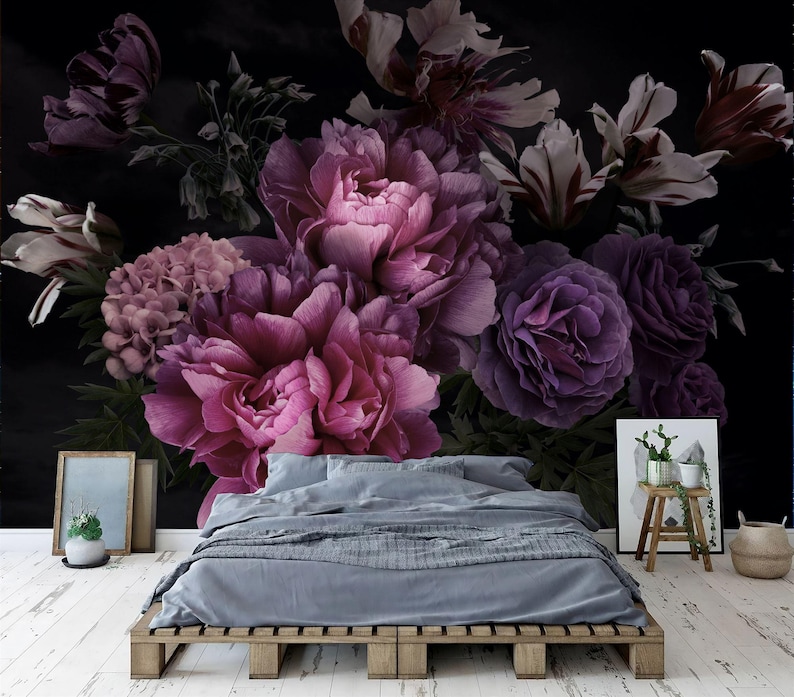 Baroque Peonies Wallpaper Mural, Rich Deep Colors, Removable Wall Decal ...