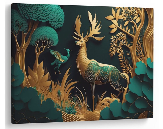 Abstract modern Green and Gold Deer Forest Modern Design Natural Canvas Print Wall Art Picture Great Gift Idea High Quality Home Wall Art