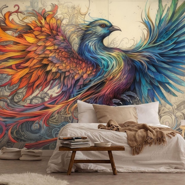 Colorful Phoenix Manuscript Paint Generative AI Gift, Art Print Photomural Wallpaper Mural Easy-Install Removeable Peel and Stick Wall Decal