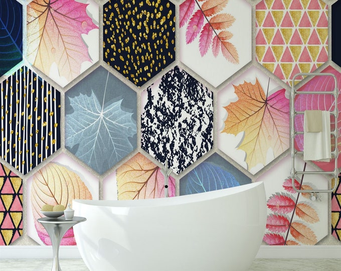 3D Geometric Hexagons Leaves Wallpaper mural Art Print Photomural Wall Decor Easy-Install Removable Peel & Stick High Quality Washable Vlies