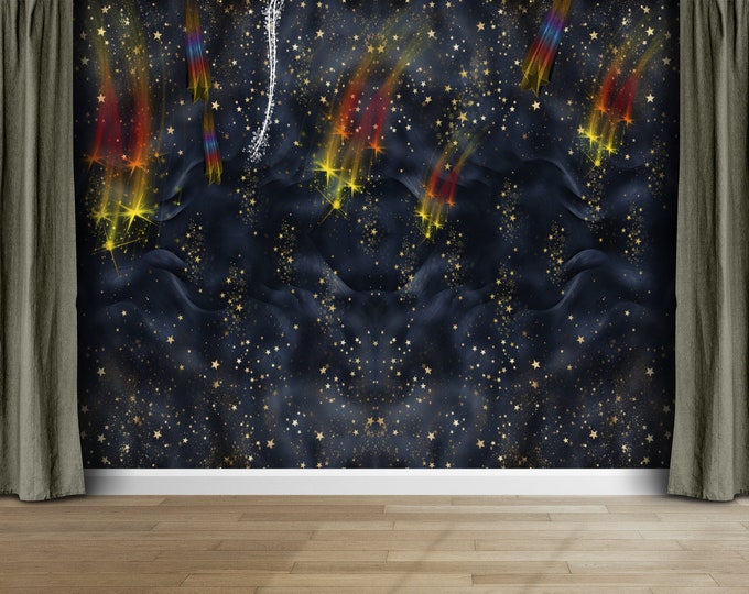 Night Sky Shining Falling Stars Sky and the Moon Gift Art Print Photomural Wallpaper Mural Easy-Install Removeable Peel and Stick Wall Decal