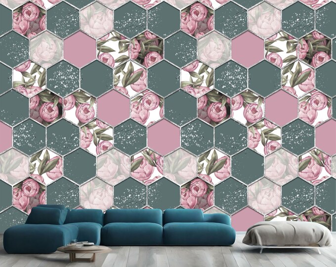 Hexagon Pattern Pink Peony Flowers Gift, Art Print Photomural Wallpaper Mural Easy-Install Removeable Peel and Stick Large Wall Decal Art