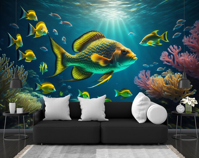 Underwater life Fish generative AI Gift Art Print Photomural Wallpaper Mural Easy-Install Removeable Peel and Stick Large Photo Wall Decal