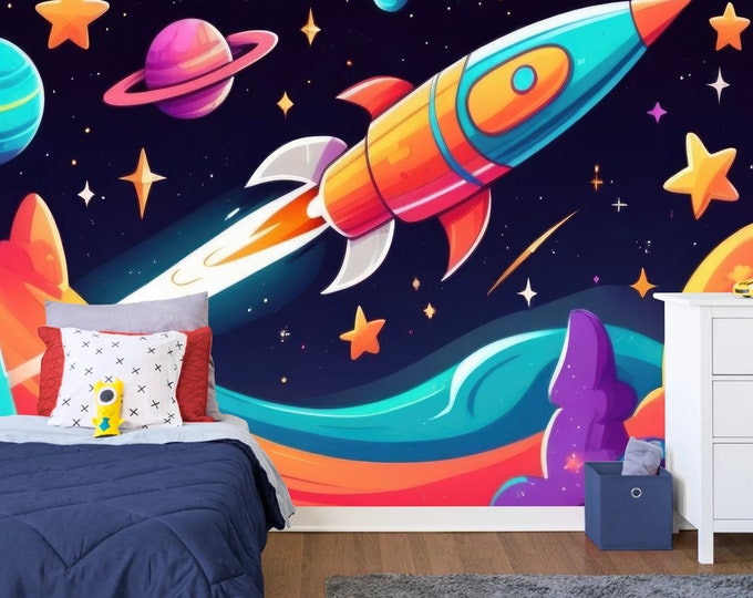 Colorful Flying Rocket Kids Nursery Room Gift, Art Print Photomural Wallpaper Mural Easy-Install Removeable Peel and Stick Large Wall Decal