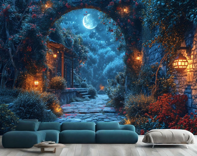 Magical Nighttime in Garden Generative AI Gift, Art Print Photomural Wallpaper Mural Easy-Install Removeable Peel and Stick Large Wall Decal