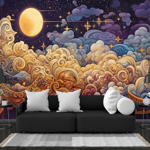 Stunning Clouds Sun Stars and Moon Illustration Coulerful Home Decor Easy-Install Wall Mural Wallpaper Peel and Stick Modern Art Washable