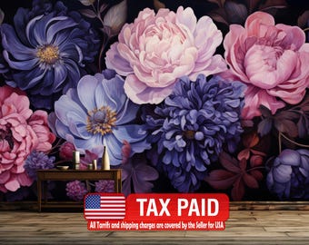 Baroque Peony Flower Mural, Rich Color Wallpaper, Peel and Stick Decal