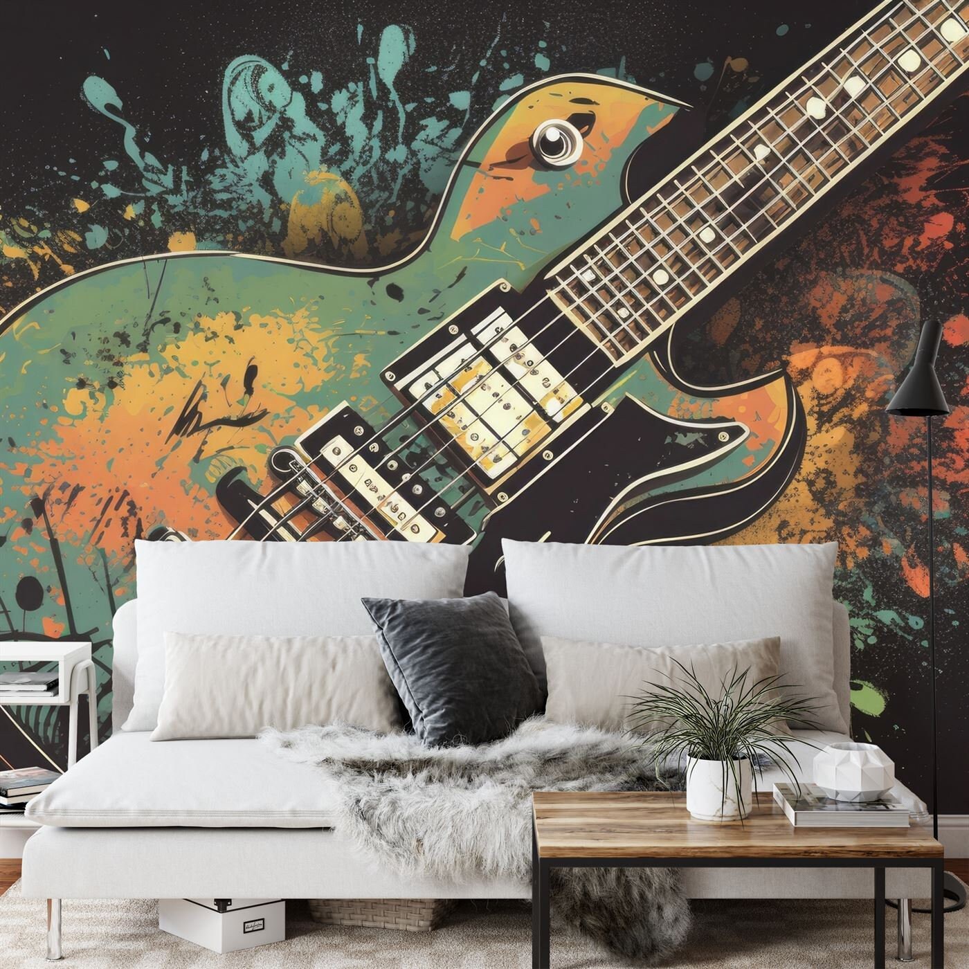 Guitar Coulered Splash Music Wallpaper Mural Art Print Photomural Wall Decor Easyinstall