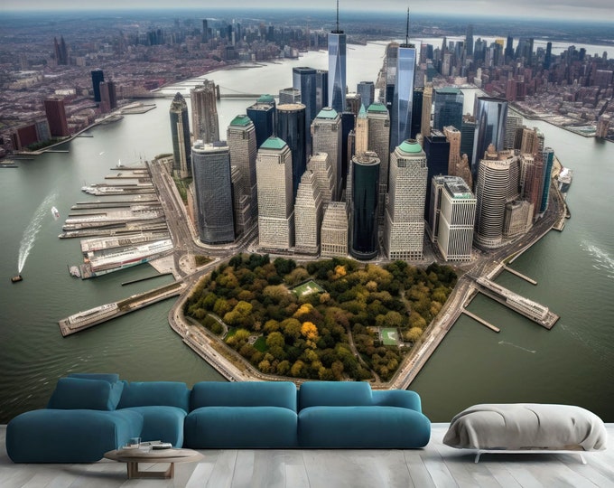 Aerial view Lower Manhattan New York City Gift, Art Print Photomural Wallpaper Mural Easy-Install Removeable Peel and Stick Wall Decal Art