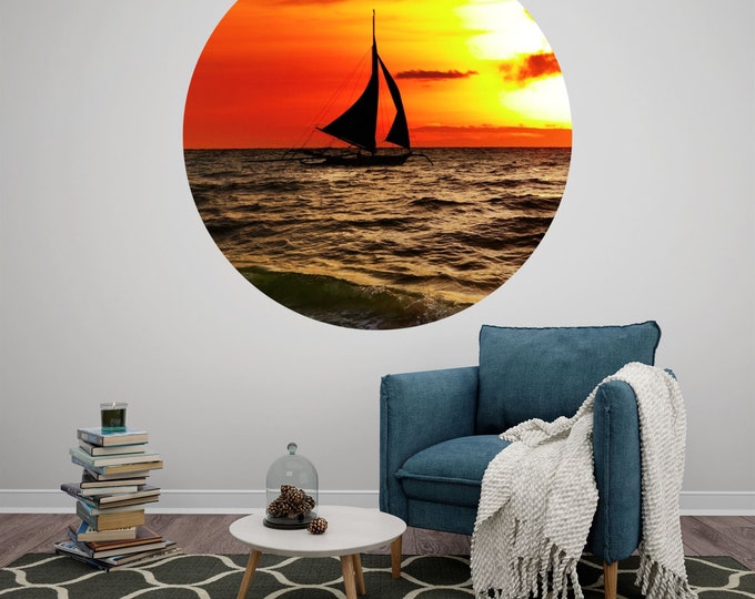 Yacht Sailing Sea Ocean Art Circle Poster Photomural Wall Décor Easy-Install Removable Self-Adhesive High Quality Peel and Stick Sticker