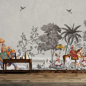 India Elephant in the Morning Mughal Home Decor Wall Gift, Art Print Photomural Wallpaper Mural Easy-Install Removeable Peel and Stick Decal