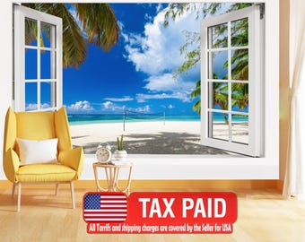 3D Sea View Window Wall Mural, Tropical Beach Wallpaper, Peel and Stick