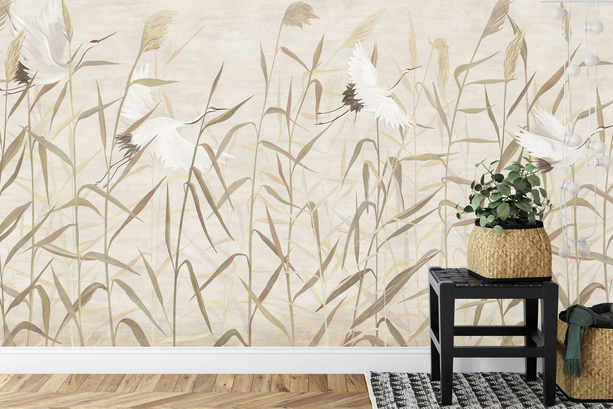 Reeds and Storks Wallpaper Mural, Hand-drawn Art Print, Peel and Stick ...