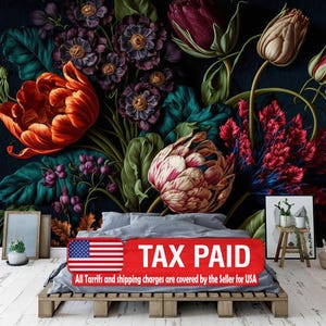 Wallpaper, Peony Flower Wall Mural, Rich Deep Colors, Baroque Art Print