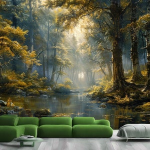 Tranquil Painting of the Enchanted Forest Gift, Art Print Photomural Wallpaper Mural Easy-Install Removeable Peel and Stick Large Wall Decal