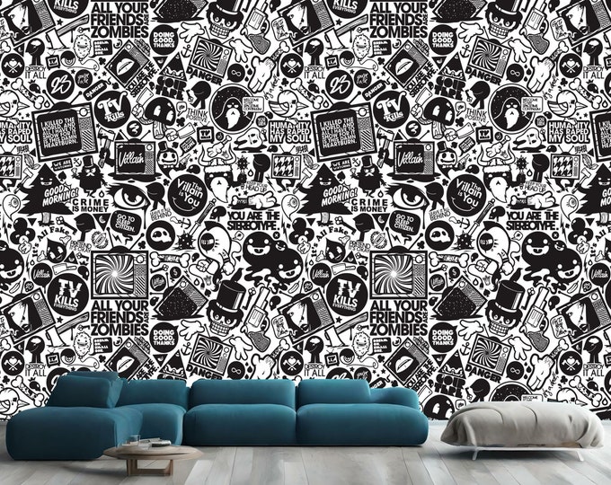 Black and White Pop Art Collage Doodle Gift, Art Print Photomural Wallpaper Mural Easy-Install Removeable Peel and Stick Large Wall Decal