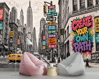 Motivational NYC Street Scene Wallpaper Mural, Comic, Peel and Stick