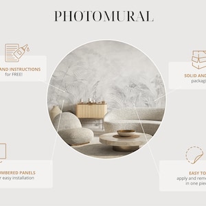 May include: A photo mural with a gray and white background featuring a tropical leaf design. The mural is shown installed in a living room with a couch, coffee table, and side table. The image also includes icons representing the product's features, such as numbered panels for easy installation, free glue and instructions, solid and safe packaging, and easy to apply and remove in one piece.