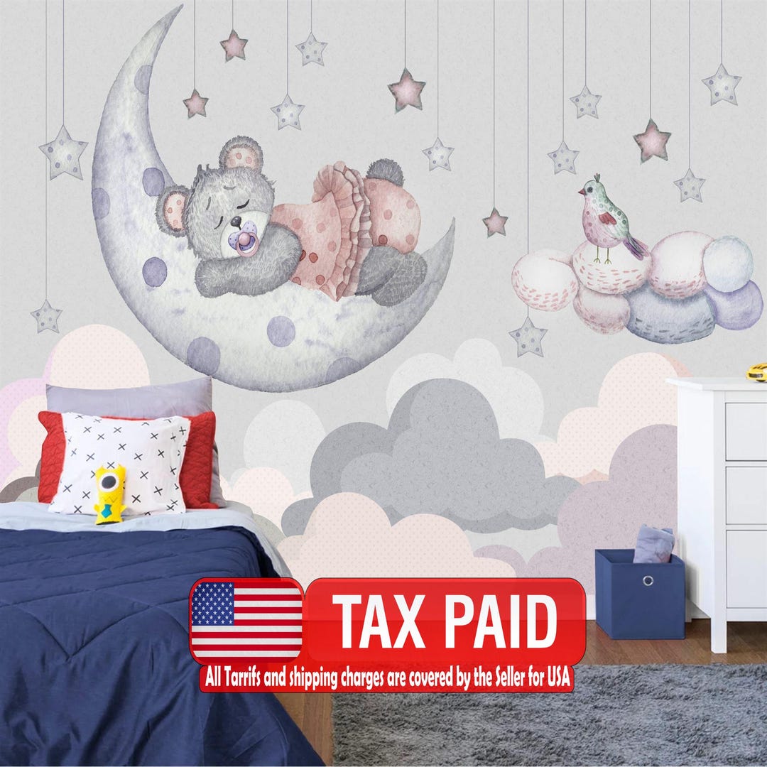 Teddy Bear Moon Nursery Mural, Fluffy Clouds Wallpaper Peel and Stick ...