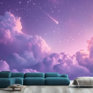 Magical Night Sky with Shooting Star Gift, Art Print Photomural Wallpaper Mural Easy-Install Removeable Peel and Stick Large Wall Decal Art