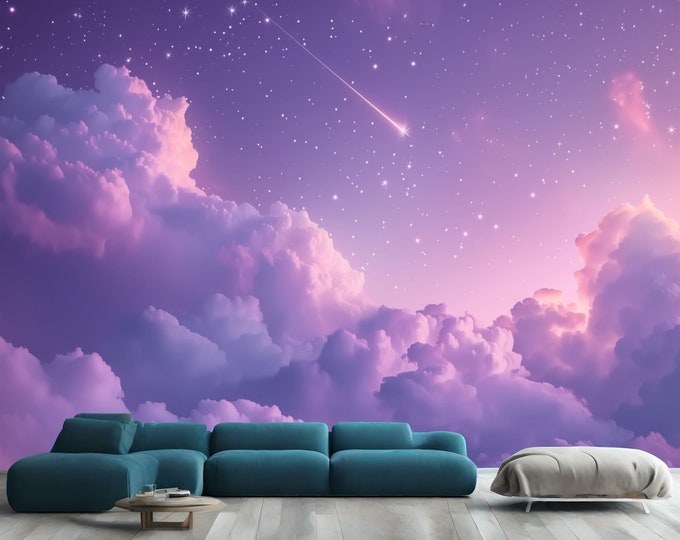 Magical Night Sky with Shooting Star Gift, Art Print Photomural Wallpaper Mural Easy-Install Removeable Peel and Stick Large Wall Decal Art