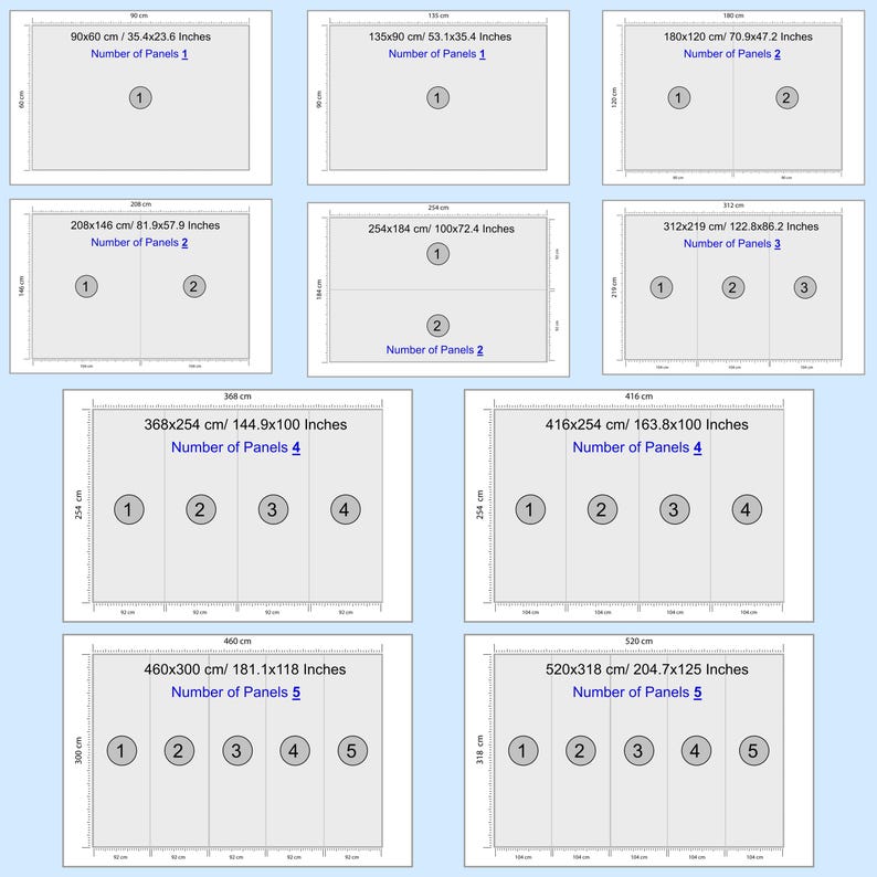 May include: Diagram showing different sizes of panels with measurements in centimeters and inches. The diagram shows how many panels are needed for each size. For example, a 90x60 cm panel requires 1 panel, a 208x146 cm panel requires 2 panels, and a 368x254 cm panel requires 4 panels.
