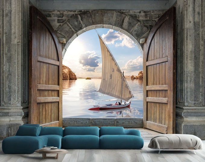 3D Wooden Castle Felucca by the Nile Aswan Gift Art Print Photomural Wallpaper Mural Easy-Install Removeable Peel and Stick Large Wall Decal