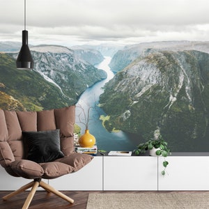 Norway Natural Landscape fjord mountains aerial view Home Decor Scenery Easy-Install Wall Mural Wallpaper Peel and Stick Modern Art Washable
