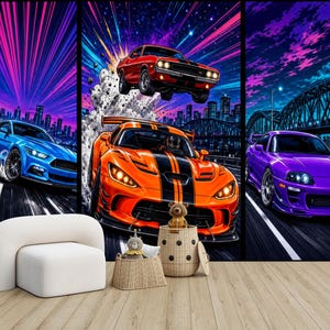 May include: A three-panel wall mural featuring a blue sports car on the left, an orange sports car with a red car jumping above it in the center, and a purple sports car on the right, all set against a vibrant neon city skyline background.