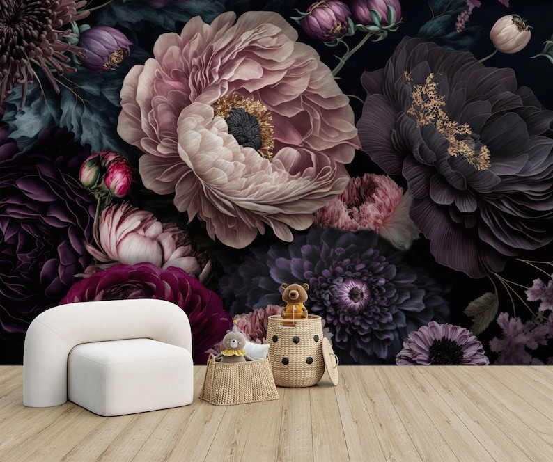 Baroque Flowers Peony Wallpaper Mural, Rich Colors, Peel and Stick - Etsy