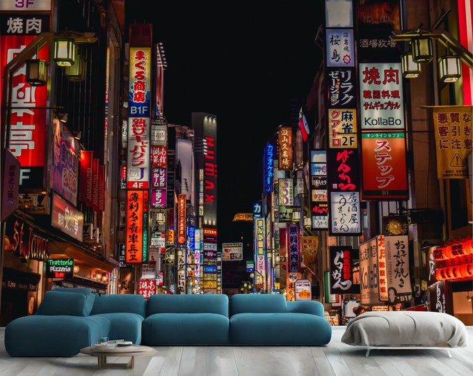 Colorful Neon Boards Kabukicho Shinjuku Tokyo Japan Gift, Art Print Photomural Wallpaper Mural Easy-Install Removeable Peel and Stick Decal