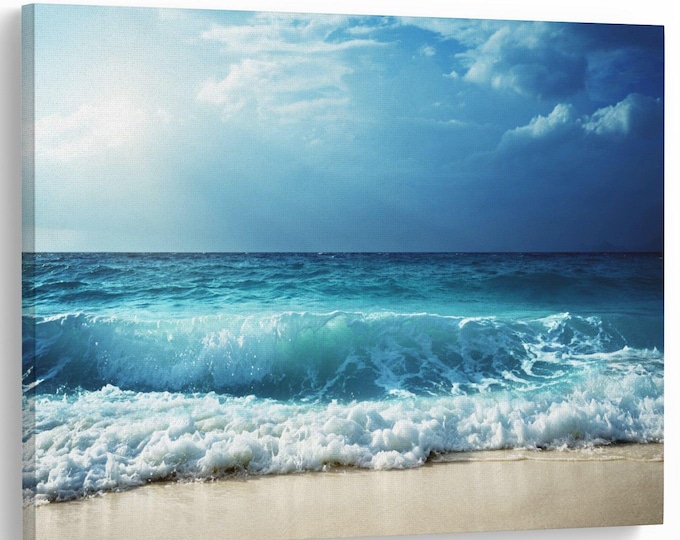 Stunning Sea Waves on Sandy Beach View Nature Natural Canvas Print Wall Art Picture Great Gift Idea High-Quality Home Wall Art Decor Sunny