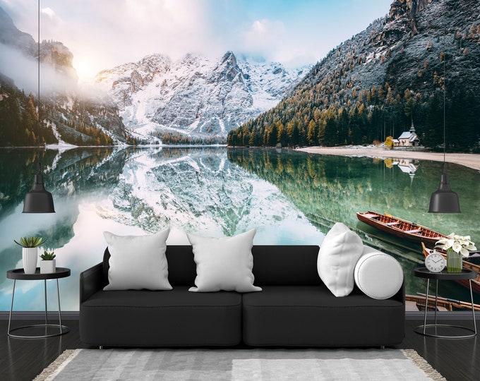 Alpine Lake Dolomiti national park Gift Art Print Photomural Wallpaper Mural Easy-Install Removeable Peel and Stick Large Photo Wall Decal